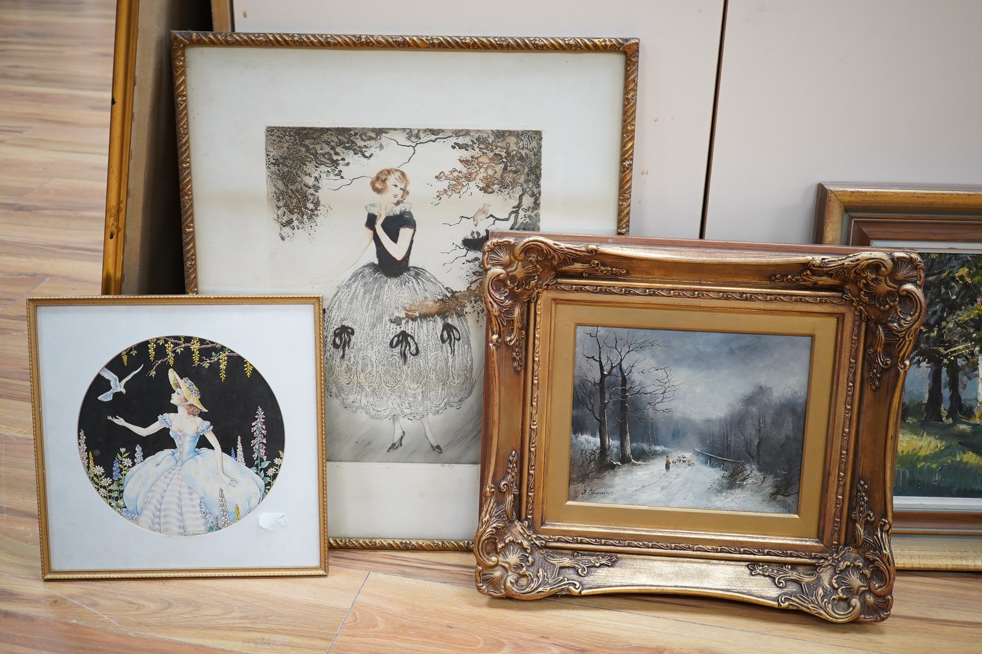 Collection of watercolours and oils to include Patricia Prentice (1923 - 2006), Rural landscapes, 19th century style oil on board, Study of a rearing horse and Jean Hardy, dry point etching, Art Nouveau lady beside birds